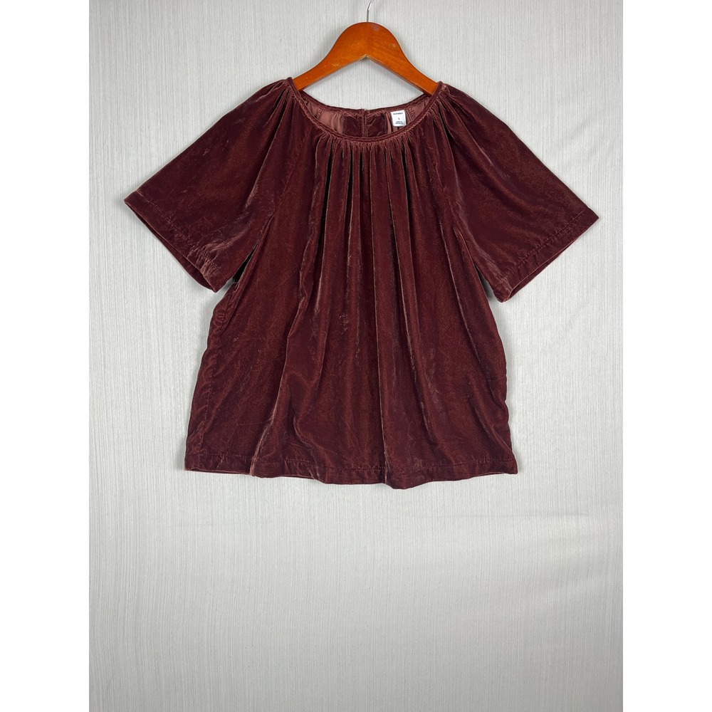 Old Navy Velvet Blouse Womens S Burgundy Shirred Short Sleeve Gothic Chic - Picture 2 of 10